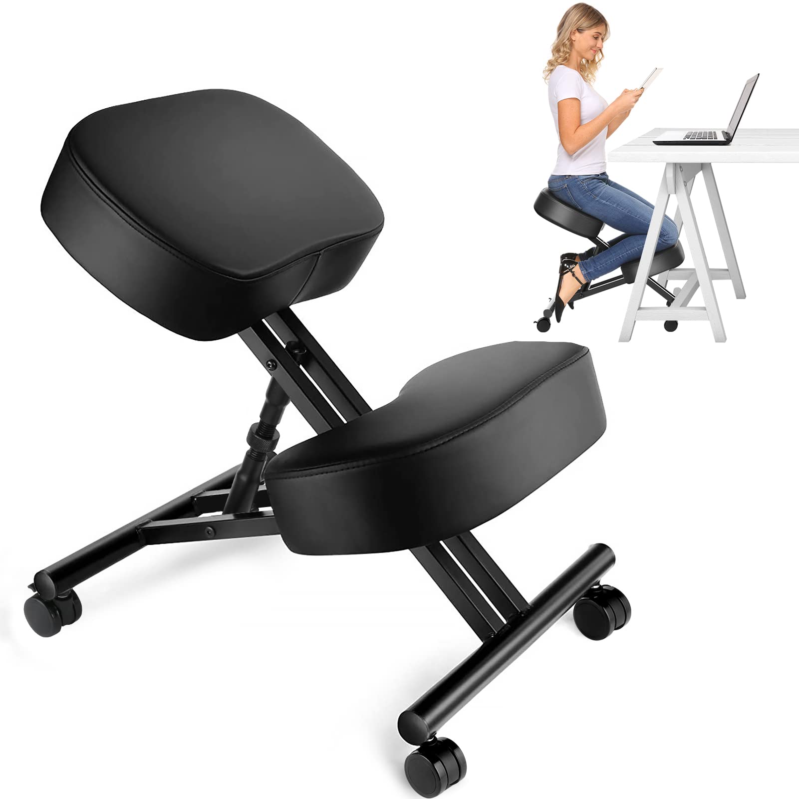 Office Furniture Home - オフィス用のエルゴノミクスニーリングチェア、家庭およびオフィス用の調節可能なスツール - 角度のあるシートで姿勢を改善
