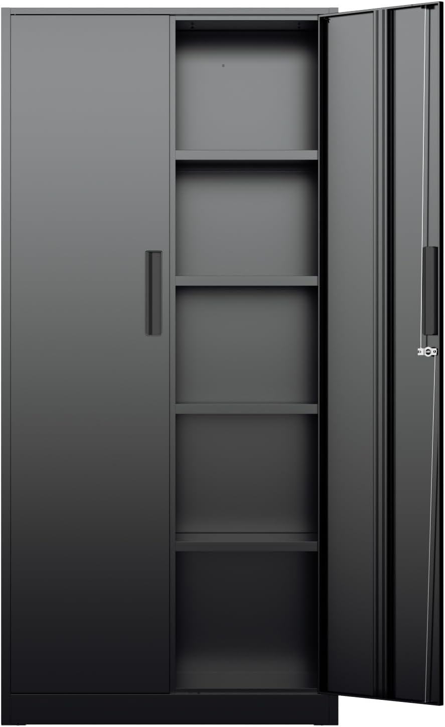 Office Furniture Home - 背の高い金属製収納キャビネットオーガナイザー、4つの調節可能な棚を備えたロック可能なスチール製ユーティリティキャビネット、倉庫やホームオフィス向けの頑丈な床置きロッカー、モダンな黒色の家具